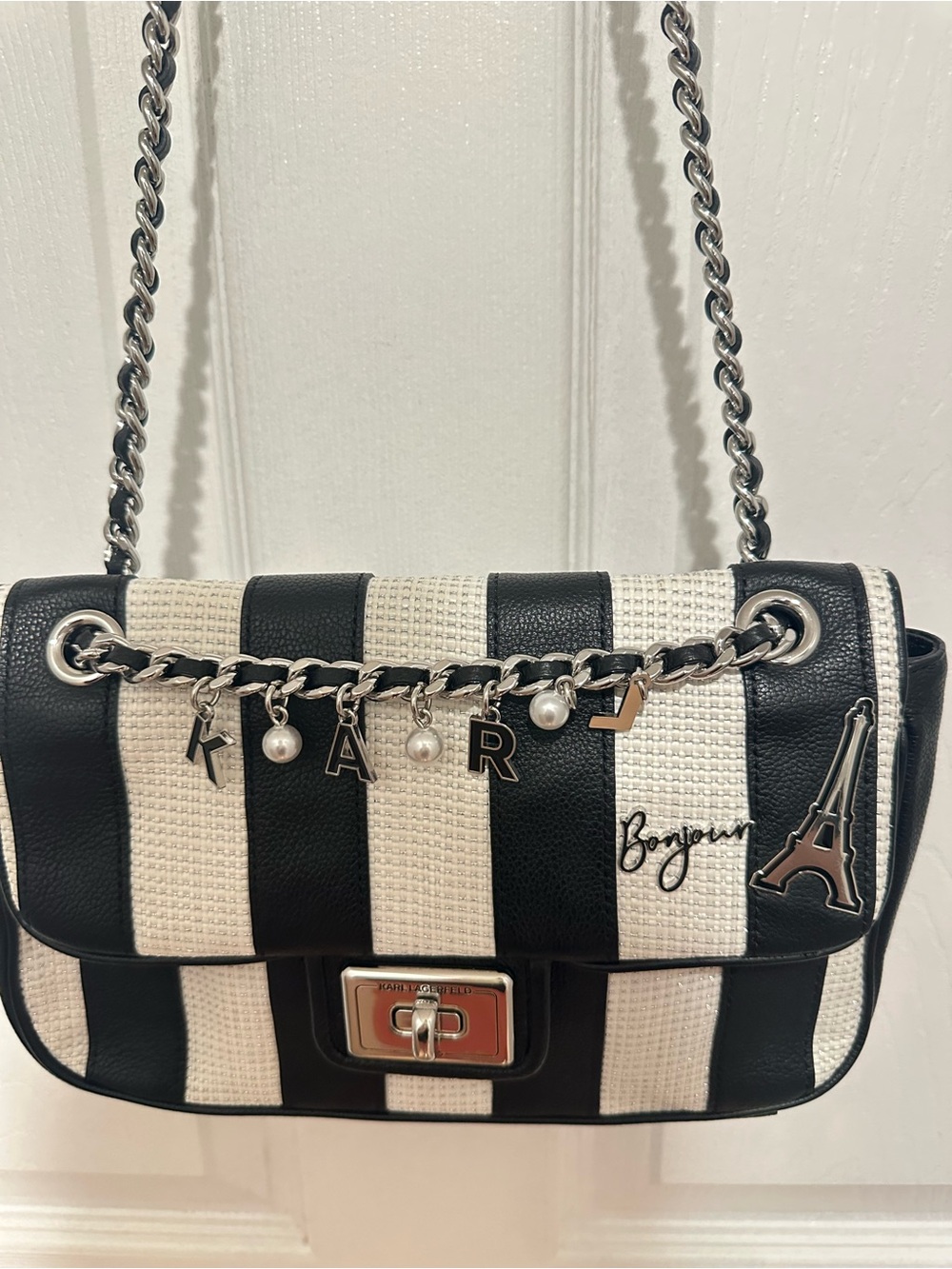 Karl Lagerfeld Black & White Striped Shoulder Bag with Chain Charm